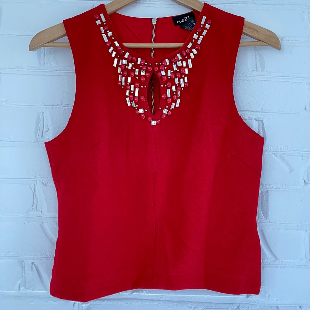 Rue21 Red Zip Sleeveless Blouse With Rinestones